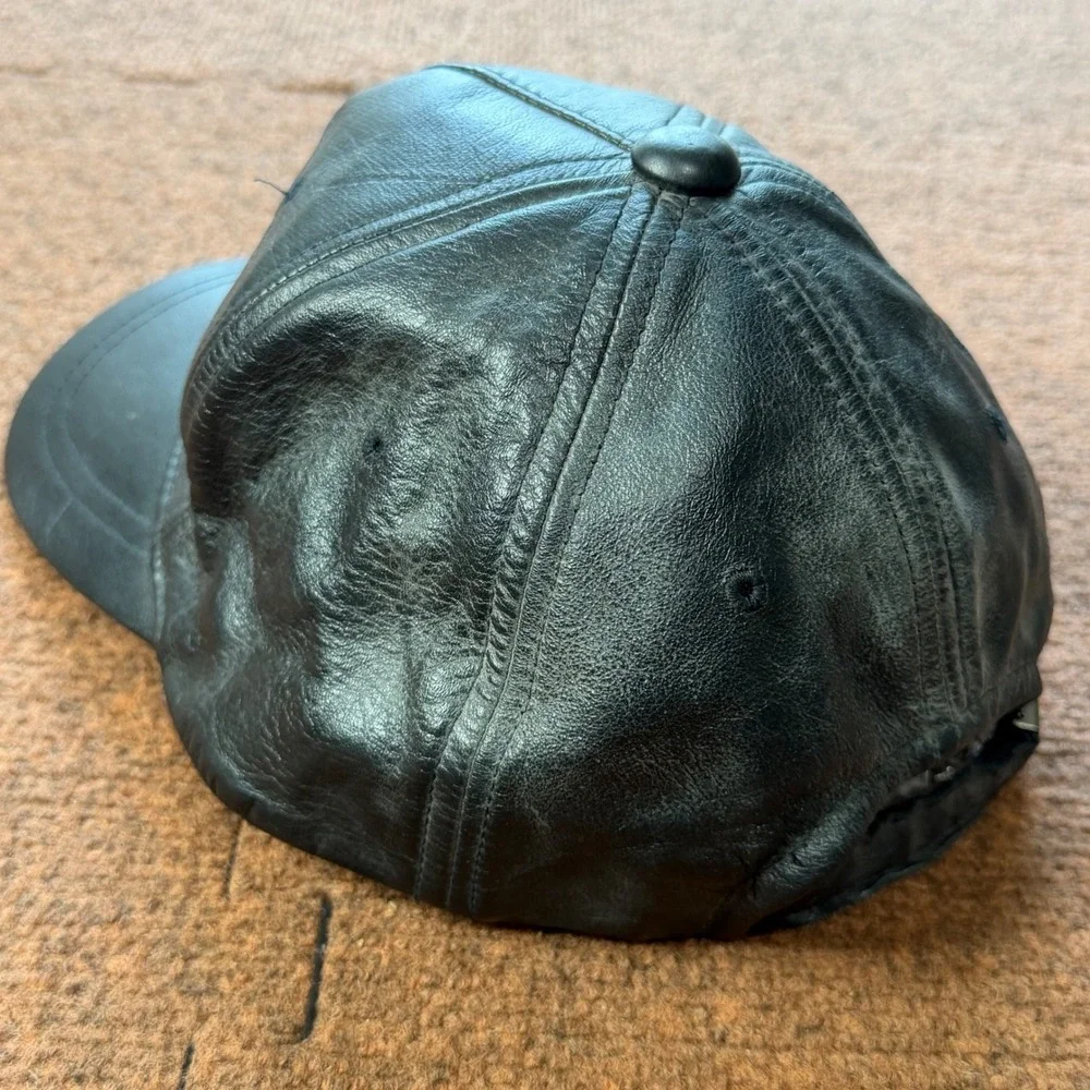 AJM International Black Leather Baseball Cap Jacos Embroidered Logo Hat 0850/8M